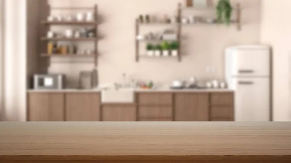 Empty Wooden Table Desk Shelf Blurred View Modern Kitchen Close — Stock Photo, Image