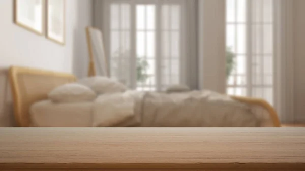 Empty Wooden Table Desk Shelf Blurred View Contemporary White Bedroom — Stock Photo, Image