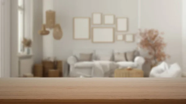 Empty Wooden Table Desk Shelf Blurred View Scandinavian Living Room — Stock Photo, Image