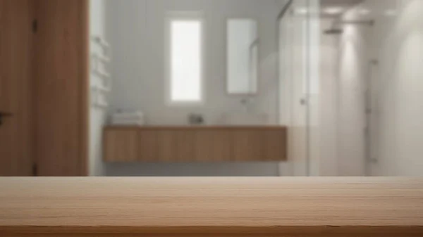 Table Bureau Étagère Bois Vide Avec Vue Floue Sur Salle — Photo