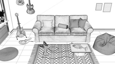 Proje taslağı, rahat oturma odası, çizgili duvar kağıdı, kanepe, duvarda asılı müzik aletleri, halı ve masa. Üst manzara, yukarıda. Modern iç tasarım
