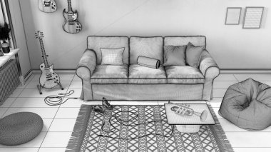 Bitmemiş proje taslağı, rahat oturma odası, çizgili duvar kağıdı, kanepe, duvarda asılı müzik aletleri, halı ve masa. Üst manzara, yukarıda. Modern iç tasarım