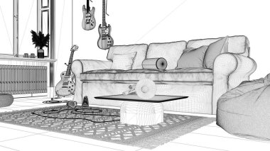 Proje taslağı, rahat oturma odası, çizgili duvar kağıdı, kanepe ve yastıklar, duvarda asılı müzik aletleri, beton fayanslar, halı ve dekorlar. Modern iç tasarım