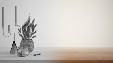 Mimari iç mimar konsepti: elle çizilmiş tamamlanmamış proje gerçek, ahşap masa, masa ya da rafa yakın hale geliyor. Kuru bitkilerle dolu seramik ve cam vazolar, pipetler