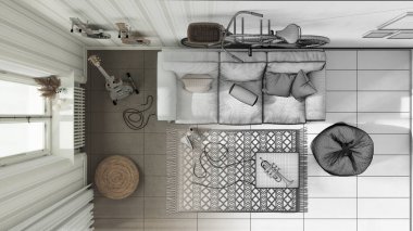 Mimari iç mimar konsepti: gerçek hale gelen el yapımı taslak proje, oturma odası, kanepe, bisiklet ve müzik aletleri, beton döşemeler. Üst görünüm, plan, yukarıda