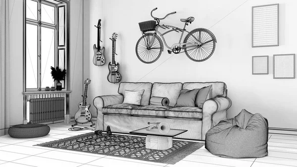 Onafgewerkt Projectontwerp Moderne Woonkamer Gestreept Behang Bank Fiets Muziekinstrumenten Hangend — Stockfoto