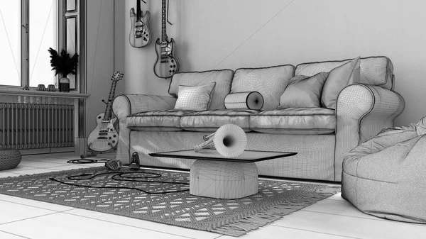 Unfertiger Projektentwurf Gemütliches Wohnzimmer Streifentapete Sofa Und Kissen Der Wand — Stockfoto