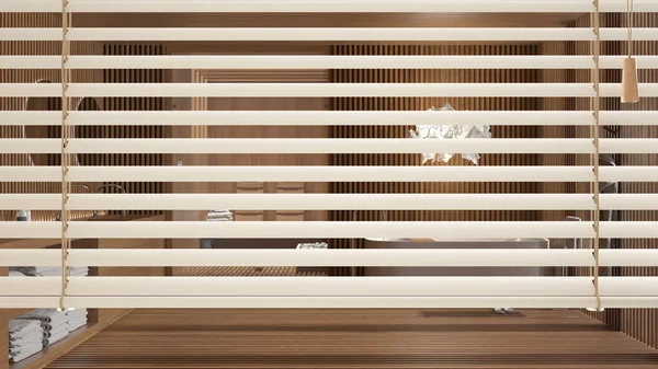 Branco Veneziano Blinds Close Vista Sobre Moderna Casa Banho Madeira — Fotografia de Stock