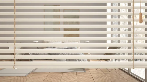 Branco Veneziano Blinds Close Vista Sobre Moderno Quarto Escandinavo Com — Fotografia de Stock