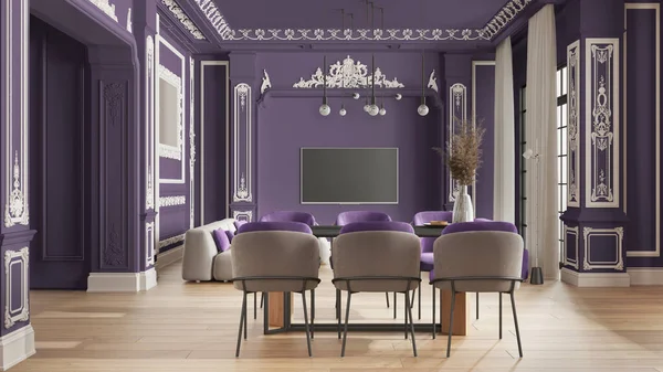 Nowoczesne Meble Klasycznym Mieszkaniu Fioletowych Kolorach Salon Jadalnia Stołem Fotelami — Zdjęcie stockowe
