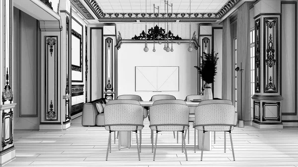 Niedokończony Projekt Nowoczesne Meble Klasycznym Mieszkaniu Salon Jadalnia Stołem Fotelami — Zdjęcie stockowe