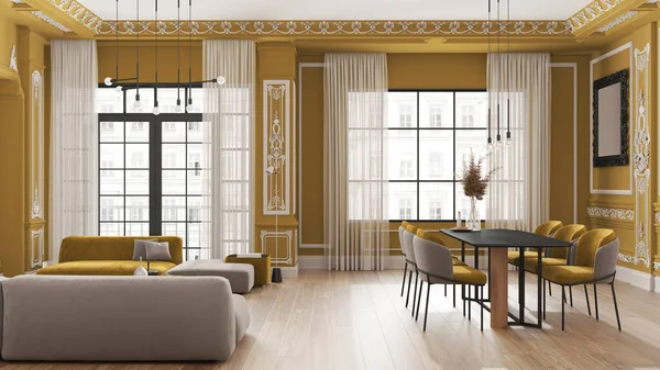 Minimalist furniture in classic apartment in yellow tones, living and dining room with table and armchairs, sofa, lamps. Plaster molded walls and parquet. Baroque interior design