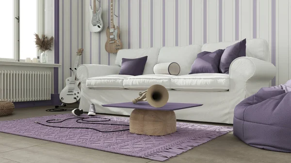 白と紫の色調で居心地の良いリビングルーム ストライプの壁紙 ソファと枕 壁にかかっている楽器 コンクリートタイル カーペットや装飾品 モダンなインテリアデザイン — ストック写真