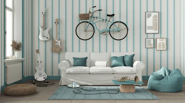 Scandinavian living room in white and blue tones, striped wallpaper, sofa, bicycle and musical instruments hanging on the wall, floor tiles, carpet and decors. Modern interior design