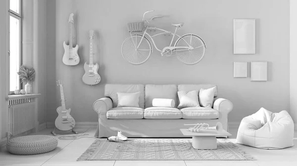 Total white project draft, scandinavian living room, striped wallpaper, sofa, bicycle and musical instruments hanging on the wall, table, carpet and decors. Modern interior design