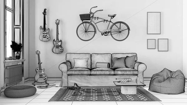 Unfinished project draft, scandinavian living room, striped wallpaper, sofa, bicycle and musical instruments hanging on the wall, table, carpet and decors. Modern interior design