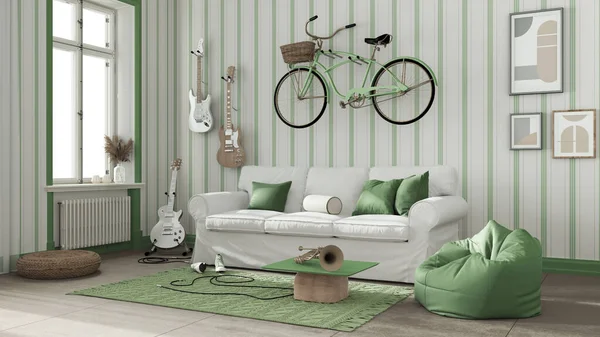 Moderne Woonkamer Witte Groene Tinten Gestreept Behang Bank Fiets Muziekinstrumenten — Stockfoto