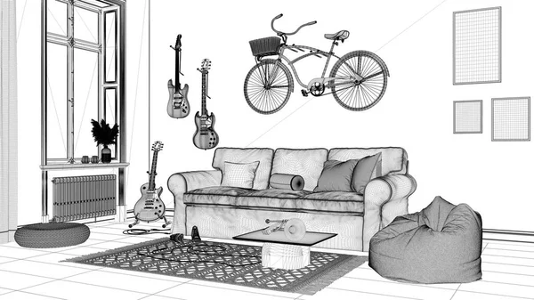 Blueprint project draft, modern living room, striped wallpaper, sofa, bicycle and musical instruments hanging on the wall, table, carpet and window. Scandinavian interior design