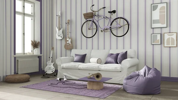 Modern living room in white and purple tones, striped wallpaper, sofa, bicycle and musical instruments hanging on the wall, table, carpet and window. Scandinavian interior design