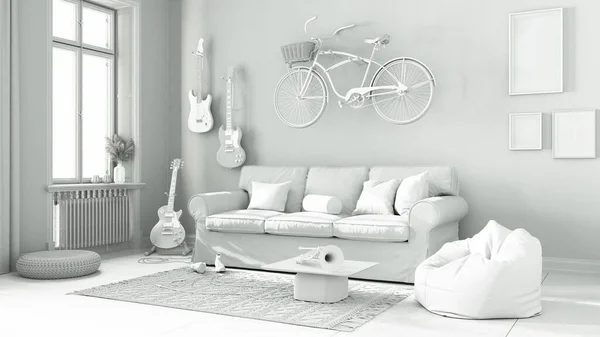 Total white project draft, modern living room, striped wallpaper, sofa, bicycle and musical instruments hanging on the wall, table, carpet and window. Scandinavian interior design