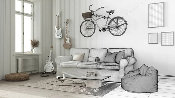 Architect interior designer concept: hand-drawn draft unfinished project that becomes real, living room, sofa, bicycle and musical instruments, table, carpet and window