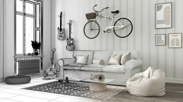 Architect interior designer concept: hand-drawn draft unfinished project that becomes real, living room, sofa, bicycle and musical instruments, table, carpet and window