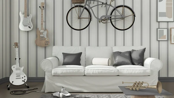 Contemporary living room in white and gray tones, striped wallpaper, sofa, bicycle and musical instruments hanging on the wall, floor tiles, carpet and table. Modern interior design