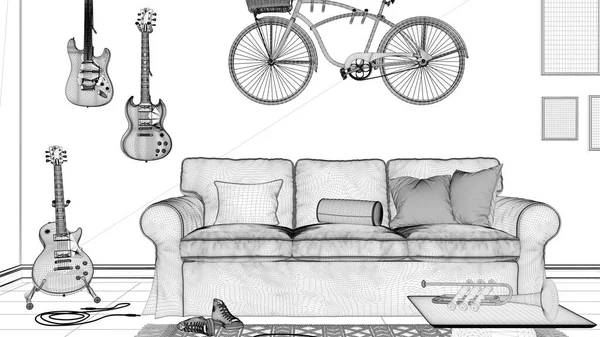 Blueprint project draft, contemporary living room, striped wallpaper, sofa, bicycle and musical instruments hanging on the wall, floor tiles, carpet and table. Modern interior design