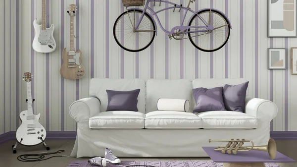 Contemporary living room in white and purple tones, striped wallpaper, sofa, bicycle and musical instruments hanging on the wall, floor tiles, carpet and table. Modern interior design