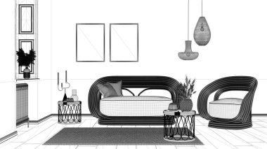 Proje taslağı, çağdaş oturma odası, çerçeve modeli, çizgili duvar kağıdı, rattan kanepe ve koltuklar dekorlu yan masa. Halı ve parke. Eski iç tasarım