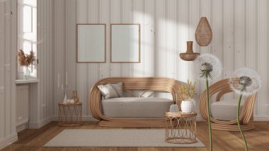 Tohumlarını salona üfleyerek yayan tüylü karahindiba, çizgili duvar kağıdı, beyaz kanepe. İç tasarım fikri. Değişim, büyüme, hareket ve özgürlük kavramı