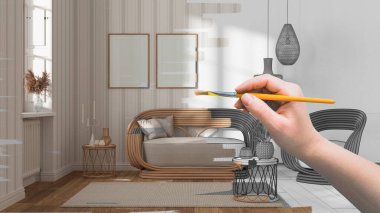 Proje taslağı, modern rattan oturma odasının taslağı, el boyası iç dekorasyon fikri, parke döşeme, kanepe ve halı, çizgili duvar kağıdı, özel mobilya