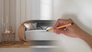 Mimari iç mimar konsepti: alan gerçek, modern oturma odası rattan kanepe, çizgili duvar kağıdı ile kapatılırken el tasarımı iç tasarım projesi