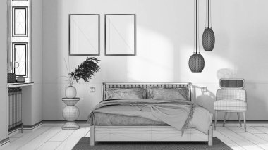 Tamamlanmamış proje taslağı, İskandinav ahşap yatak odası, çerçeve modeli, yastıklı yatak, yorgan ve battaniye, çizgili duvar kağıdı, halı ve koltuk. Modern iç tasarım