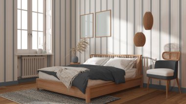 İskandinav ahşap yatak odası, beyaz ve gri tonlarda, çerçeve modeli, yastıklı çift kişilik yatak, yorgan ve battaniye, çizgili duvar kağıdı, halı, parke ve pencere. Modern iç tasarım