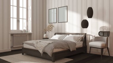 İskandinav ahşap yatak odası, beyaz ve koyu renkte, çerçeve modeli, yastıklı çift kişilik yatak, yorgan ve battaniye, çizgili duvar kağıdı, halı, parke ve pencere. Modern iç tasarım