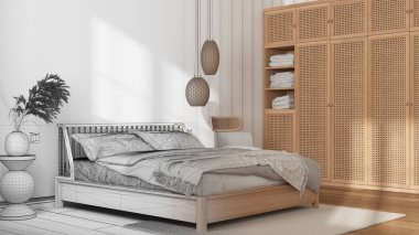 Mimari iç mimar konsepti: elle çizilmiş tamamlanmamış proje, yatak odası, yastıklı yatak odası, yorgan, battaniye, çizgili duvar kağıdı, gardırop, lambalar ve parke