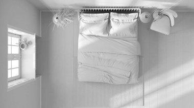 Tamamen beyaz proje taslağı, İskandinav ahşap yatak odası, yastıklı çift kişilik yatak, yorgan ve battaniye, duvar kağıdı, pencere ve parke. Manzara, plan, yukarısı. Modern iç tasarım