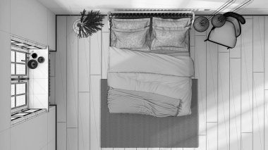 Tamamlanmamış proje taslağı, İskandinav ahşap yatak odası, yastıklı yatak, yorgan ve battaniye, duvar kağıdı, pencere ve parke. Manzara, plan, yukarısı. Modern iç tasarım