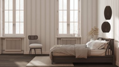 İskandinav ahşap yatak odası, beyaz ve koyu renkte, yastıklı, yorgan ve battaniyeli çift yatak, çizgili duvar kağıdı, radyatörlü pencereler, parke. Yan görünüş, modern iç tasarım