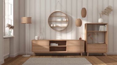 Modern ahşap iç döşeme, beyaz ve bej renkler, şifonyer ve tuvalet, raflar, vazolar, mumlar ve dekorlar. Çizgili duvar kağıdı, pencere ve parke. İskandinav iç tasarımı