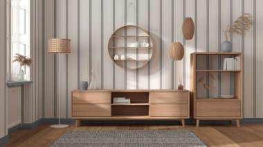 Beyaz ve gri tonlarda modern ahşap iç döşeme, şifonyer ve komodin, raflar, vazolar, mumlar ve dekorlar. Çizgili duvar kağıdı, pencere ve parke. İskandinav iç tasarımı