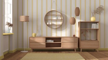 Modern ahşap iç döşeme, beyaz ve sarı tonlarda, şifonyer ve tuvaletli raflar, vazolar, mumlar ve dekorlar. Çizgili duvar kağıdı, pencere ve parke. İskandinav iç tasarımı