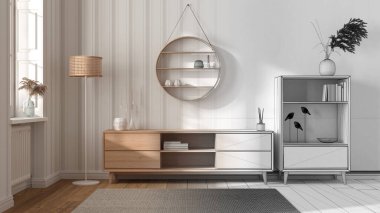 Mimari iç mimar konsepti: elle çizilmiş tamamlanmamış proje gerçek, ahşap iç mekan, şifonyer ve raflı tuvalet haline geliyor. Çizgili duvar kağıdı, pencere ve parke