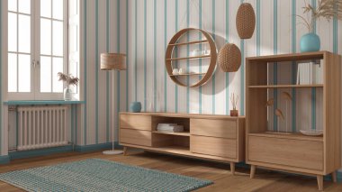 Beyaz ve mavi tonlarda modern ahşap oturma odası, şifonyer ve komodin raflar, vazolar, mumlar ve dekorlar. Çizgili duvar kağıdı, pencere ve parke. İskandinav iç tasarımı