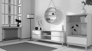 Tamamlanmamış proje taslağı, modern ahşap oturma odası, şifonyer ve rafları, vazoları ve süslemeleri olan tuvalet. Çizgili duvar kağıdı, pencere ve parke. İskandinav iç tasarımı