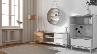 Mimari iç mimar konsepti: gerçek, modern oturma odası, şifonyer ve tuvaleti raflar, vazolar ve dekorlar haline getiren el çizimi tamamlanmamış proje. Çizgili duvar kağıdı