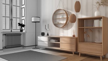 Mimari iç mimar konsepti: gerçek, modern oturma odası, şifonyer ve tuvaleti raflar, vazolar ve dekorlar haline getiren el çizimi tamamlanmamış proje. Çizgili duvar kağıdı