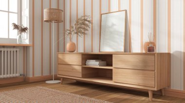 Çerçeve, ahşap çekmeceler, beyaz ve turuncu tonlarda çizgili duvar kağıtları, pencere ve parke ile modern konforlu oturma odasında taklit edilir. İç tasarım arka planı, İskandinav tarzı