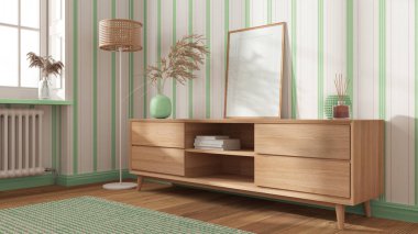 Çerçeve, ahşap çekmeceler, beyaz ve yeşil tonlarda çizgili duvar kağıtları, pencere ve parke ile modern rahat oturma odasında taklit edilir. İç tasarım arka planı, İskandinav tarzı